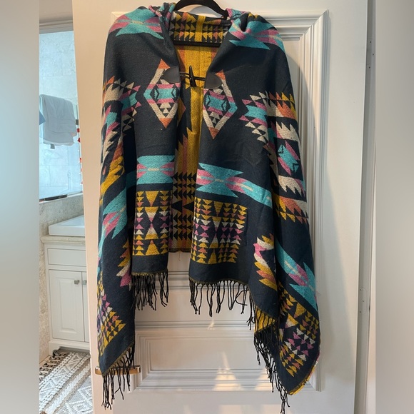 Navy and colorful Aztec poncho/wrap with securing button in front - Picture 1 of 3